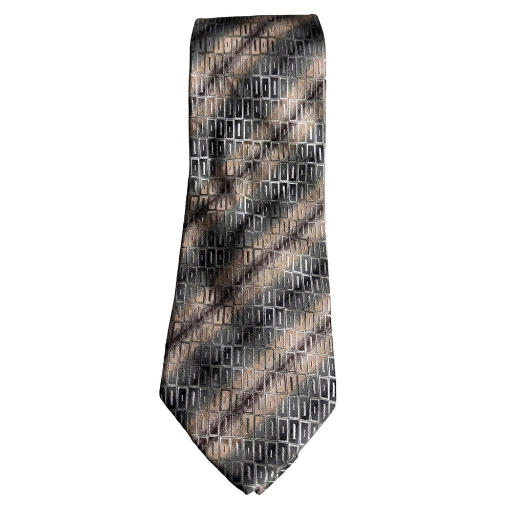 Campia Moda Mens Silk Tie Extra Long Geometric Grid Grey Taupe Bronze Hand Made‎ - Picture 2 of 7